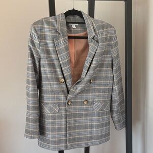 Topshop Plaid Double-Breasted Blazer in Gray and Tan